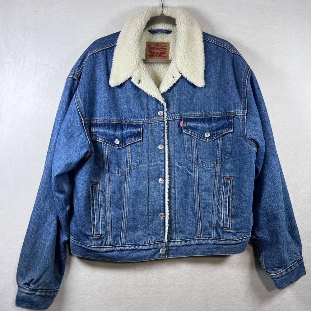Levis Sherpa Lined Trucker Jacket Womens Large Blue Denim Fleece Coat 90s